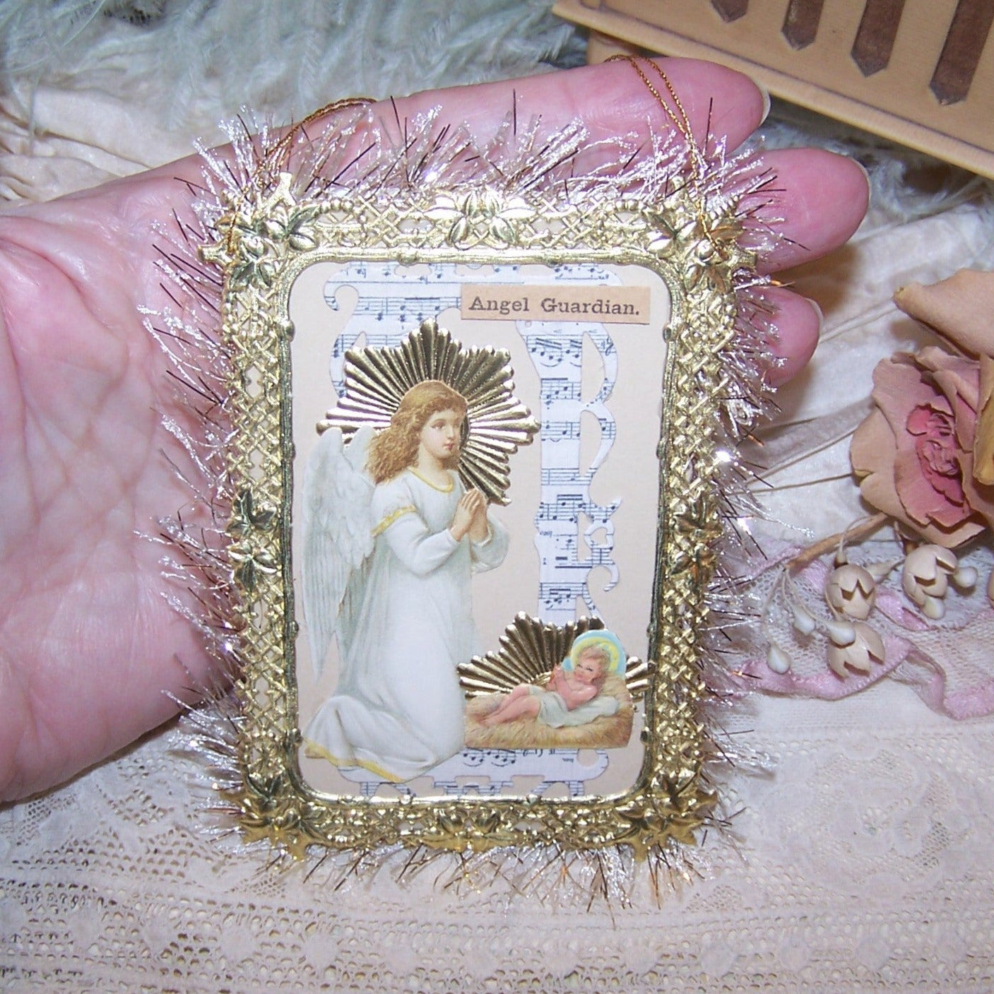 Mixed Media Gift Card or Ornament | Guardian Angel Watching Baby