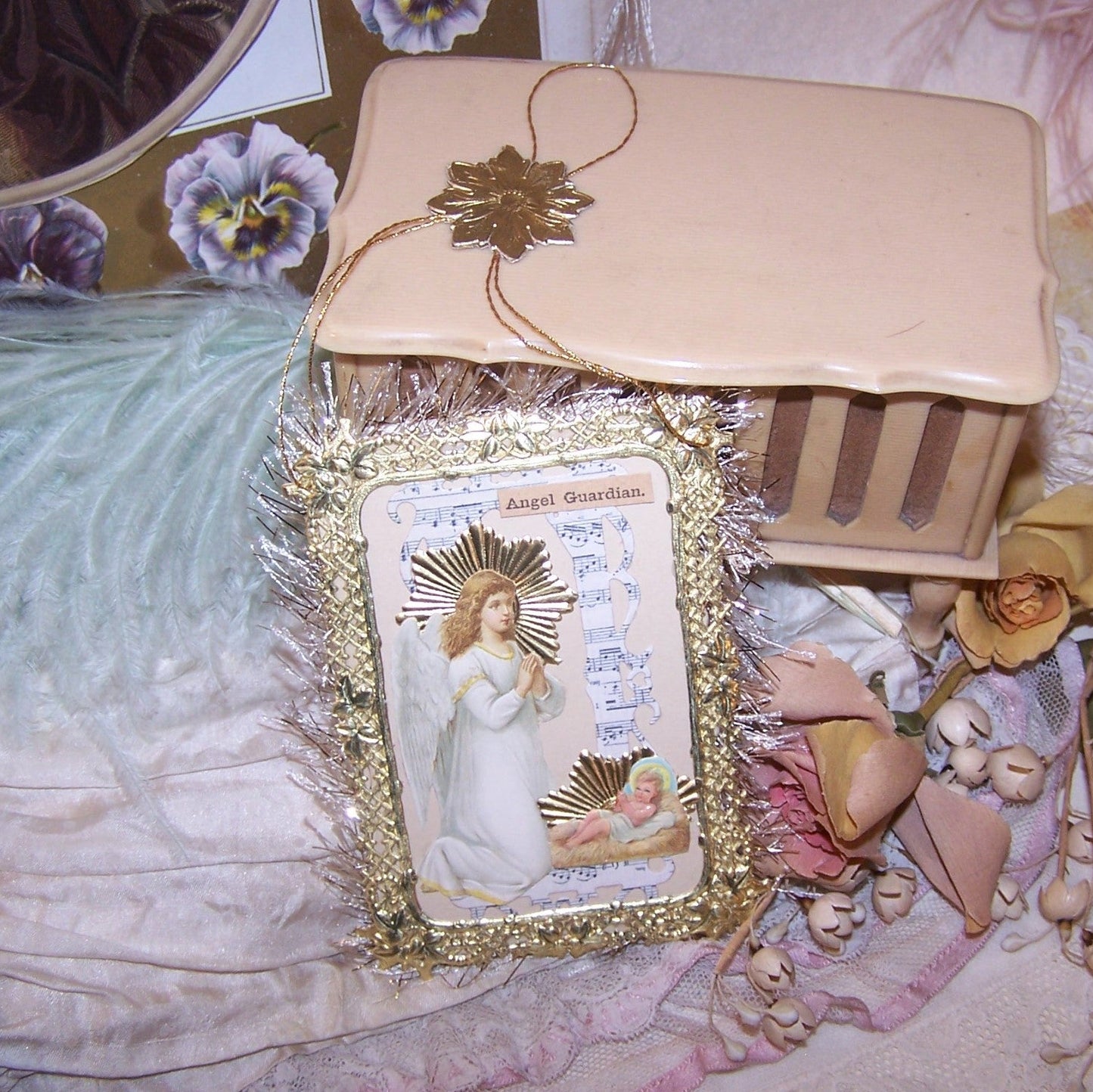 A Mixed Material Guardian Angel Gift Card or Ornament! For a Baby Shower, Easter or Christmas, the decoration depicts an Angel praying over the Baby Jesus.