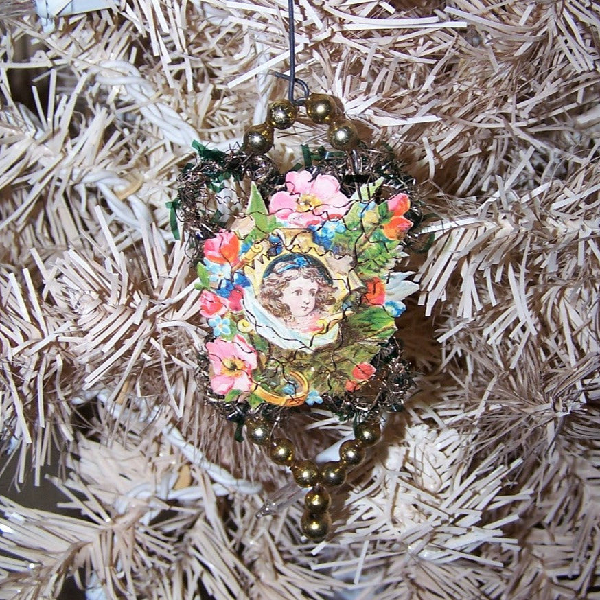 Victorian Revival Mercury Glass Bead & Tinsel Christmas Ornament - Little Girl Portrait