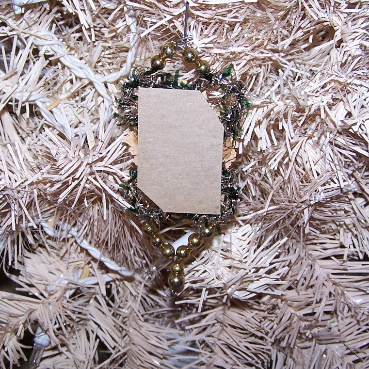 Victorian Revival Mercury Glass Bead & Tinsel Christmas Ornament - Little Girl Portrait