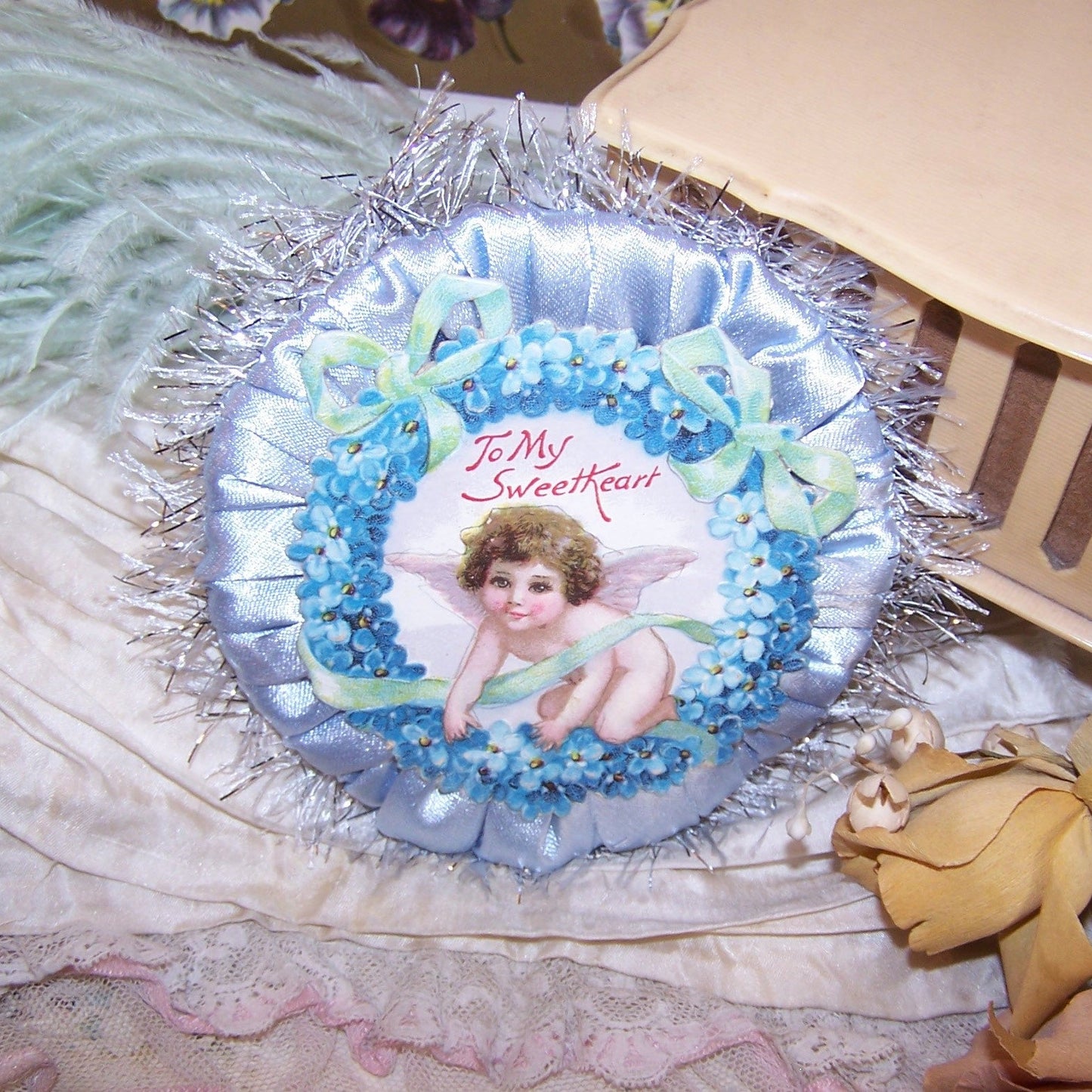 Upcycled Victorian Die Cut Ornament - Cupid with Blue Forget Me Nots