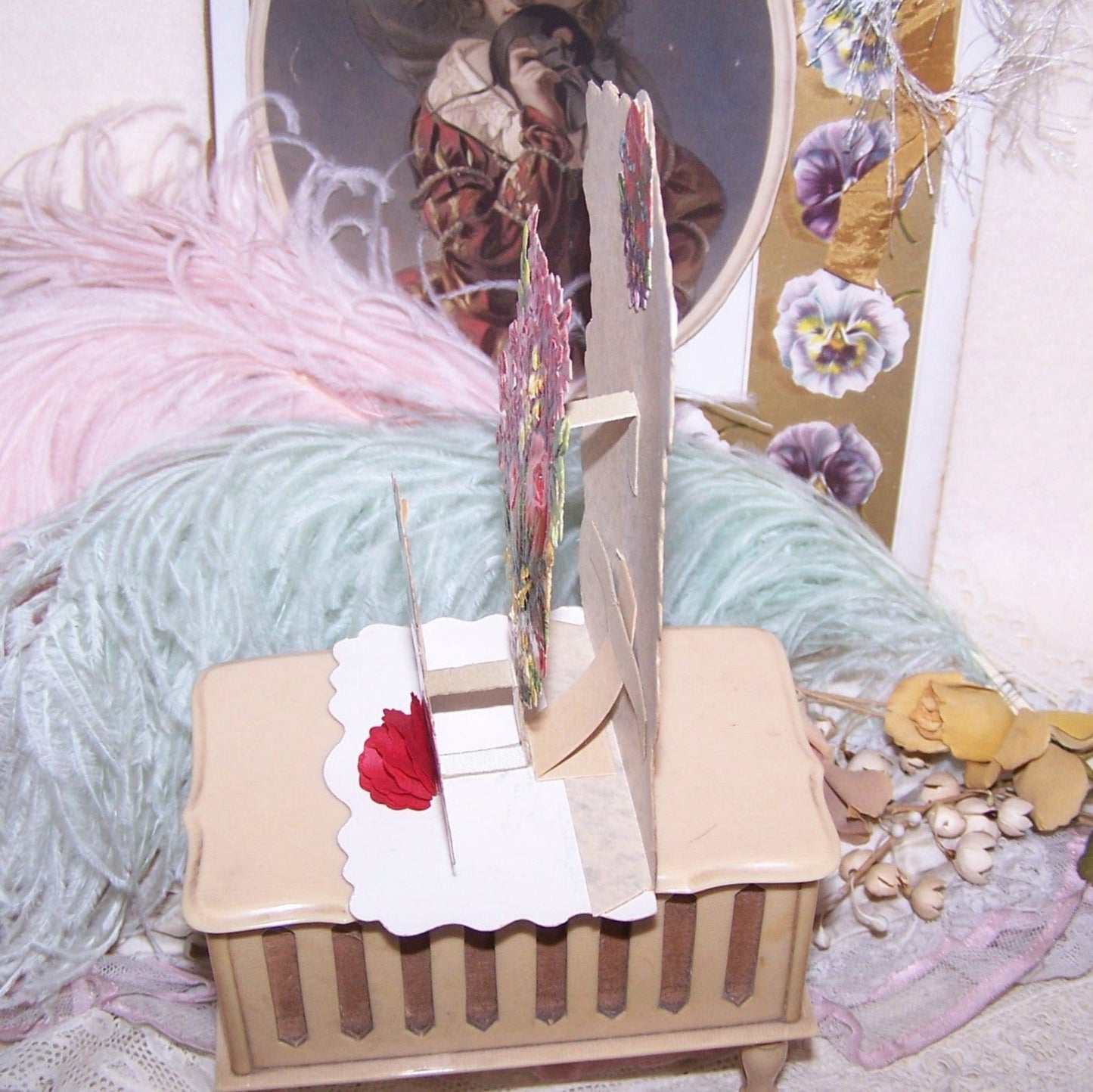 Antique Fold Down Valentines Day Card - Girl with Basket of Violets