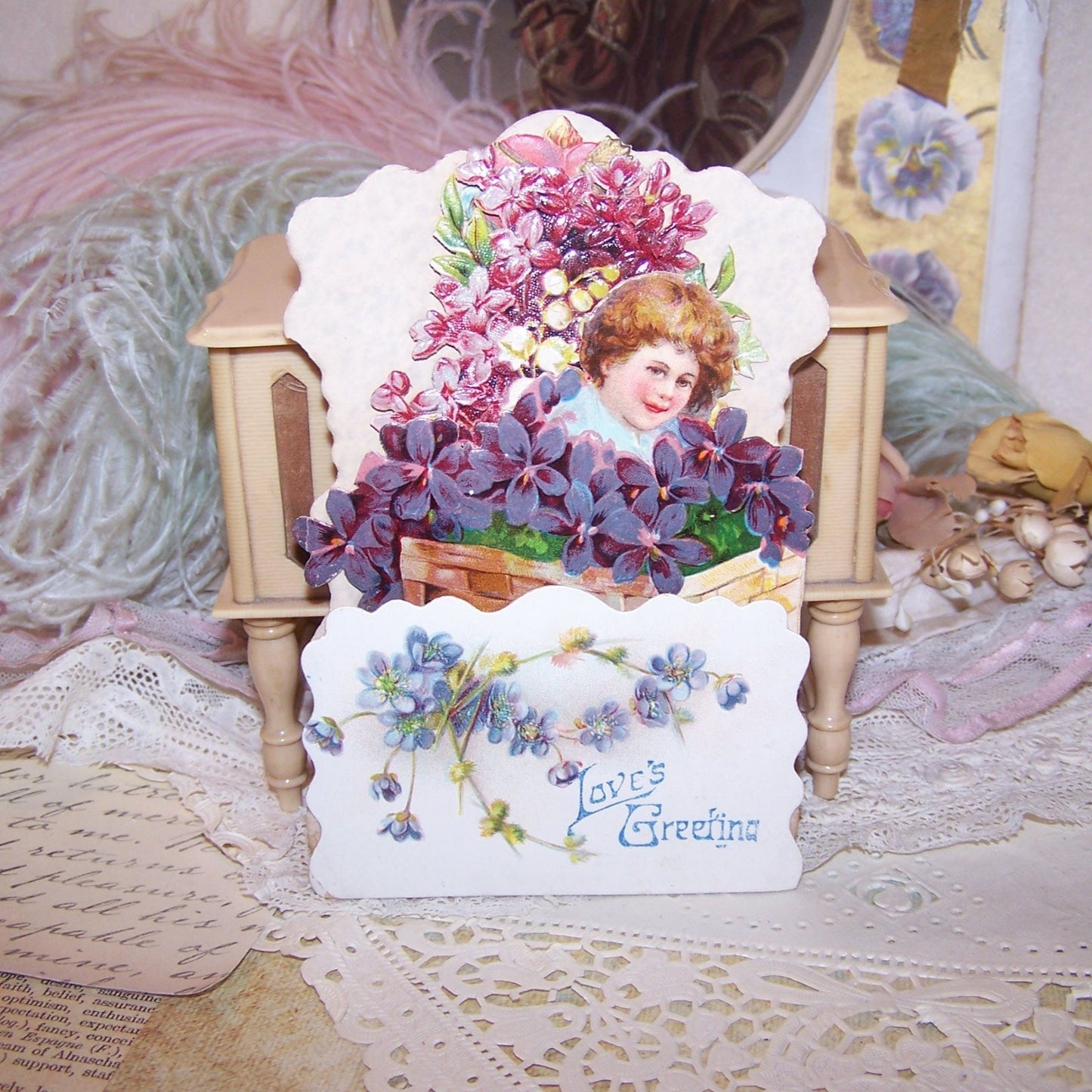 Antique Fold Down Valentines Day Card - Girl with Basket of Violets