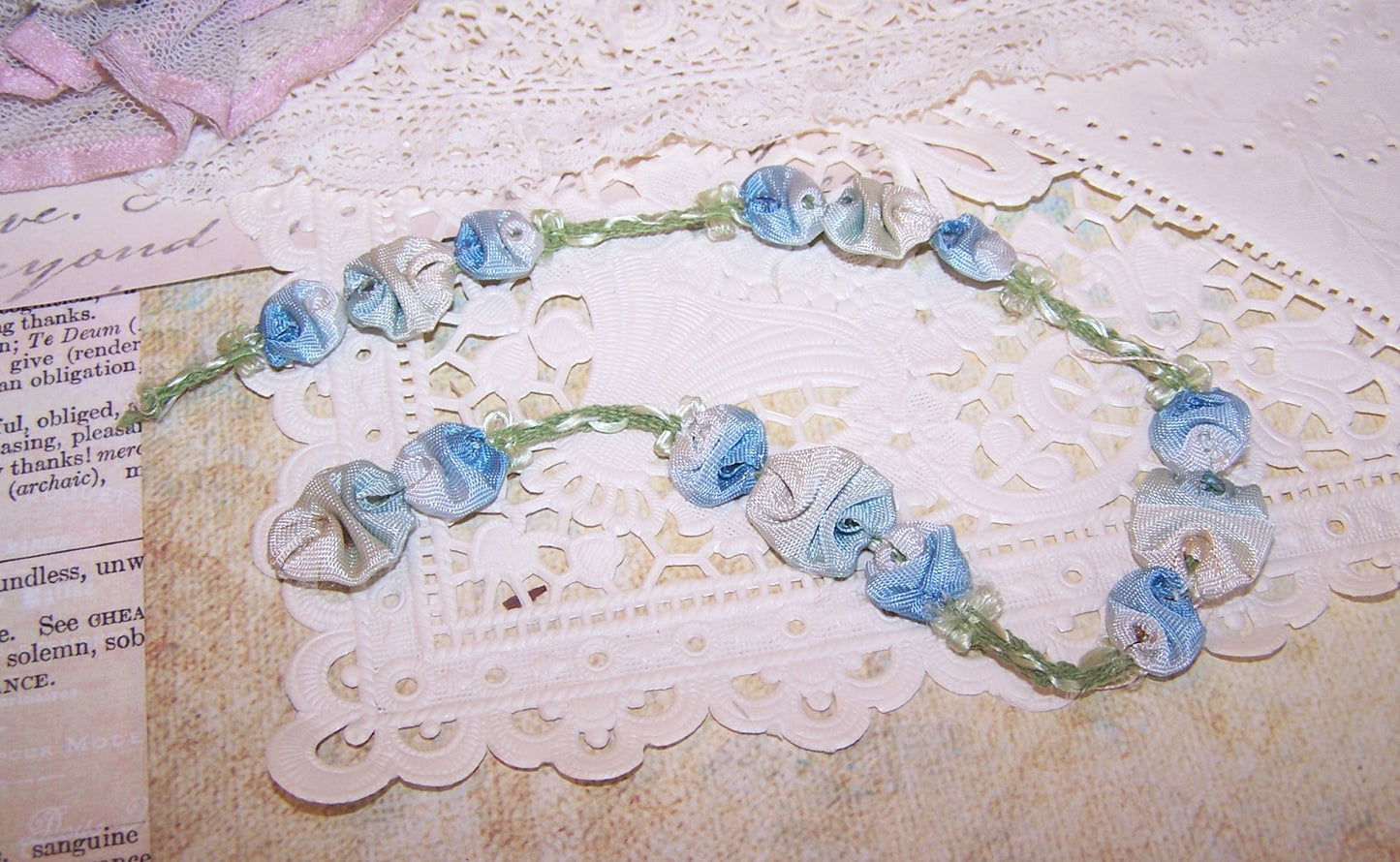 Antique French Ribbonwork Rococo Garland - 10" Blue White Green Ribbon Trim