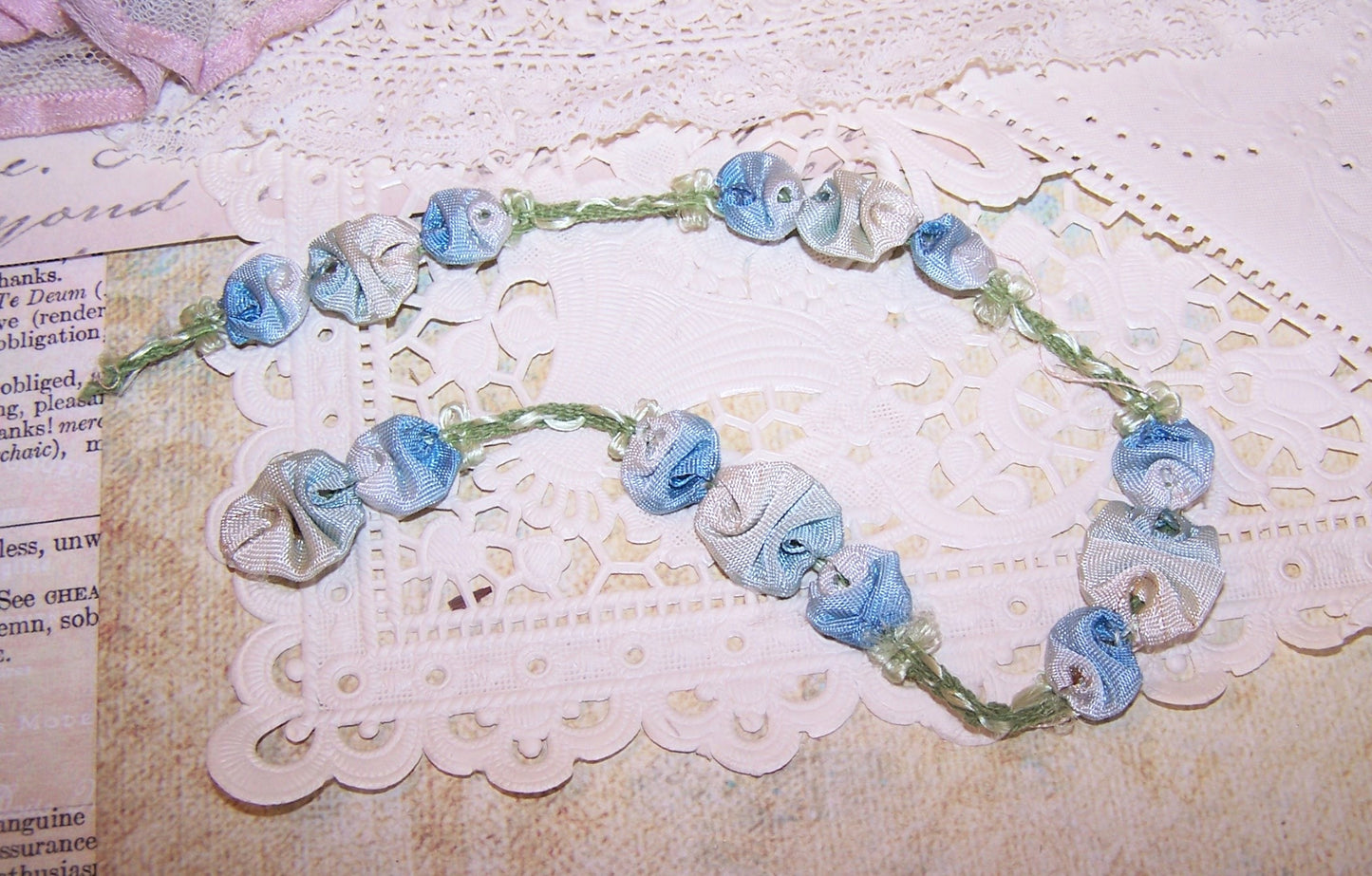 Antique French Ribbonwork Rococo Garland - 10" Blue White Green Ribbon Trim