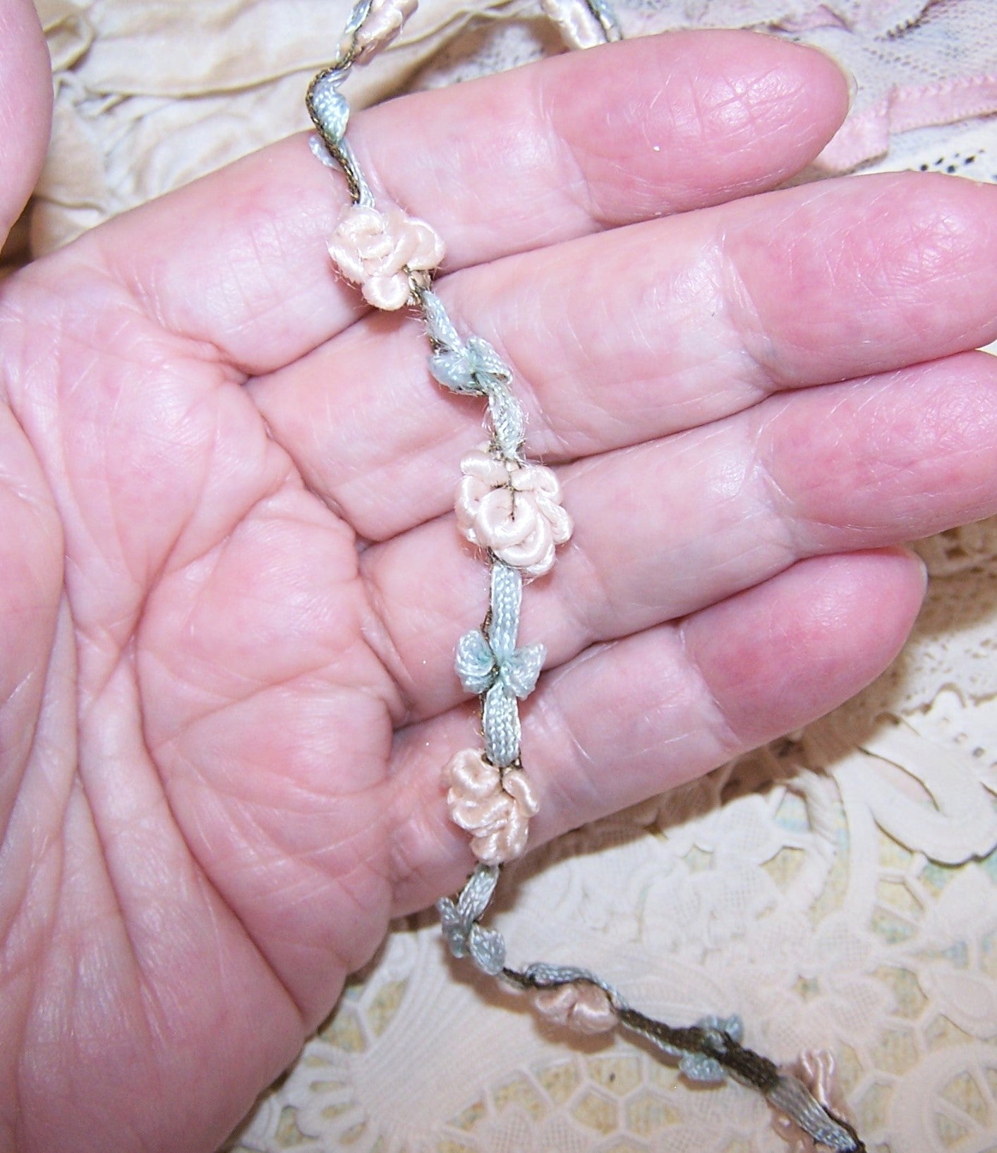 Antique French Ribbonwork -Baby Pink & Blue Silk Rococo Floral Garland