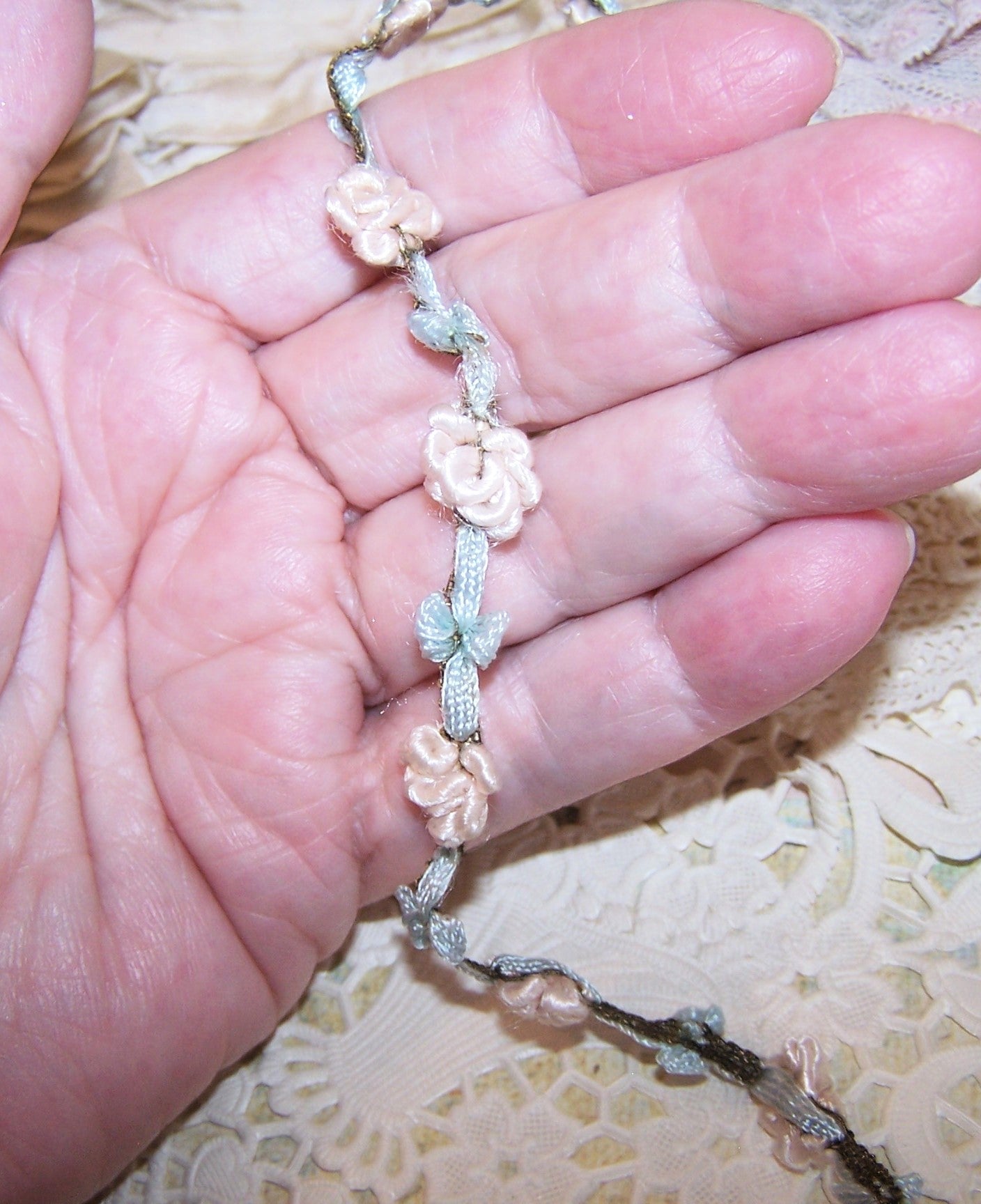 Antique French Ribbonwork -Baby Pink & Blue Silk Rococo Floral Garland
