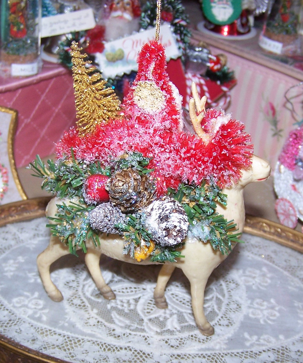 Chenille Santa Claus Christmas Ornament with Art Deco Celluloid Reindeer