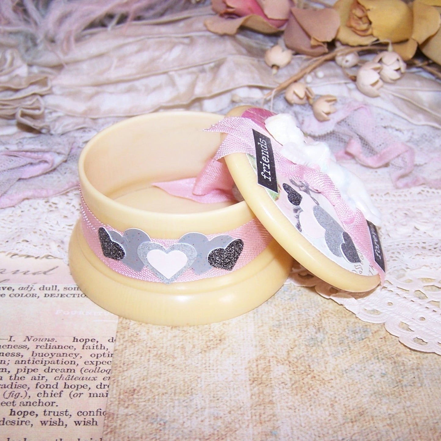 Repurposed Art Deco Celluloid Lidded Powder Box - FRIENDS FOREVERMORE