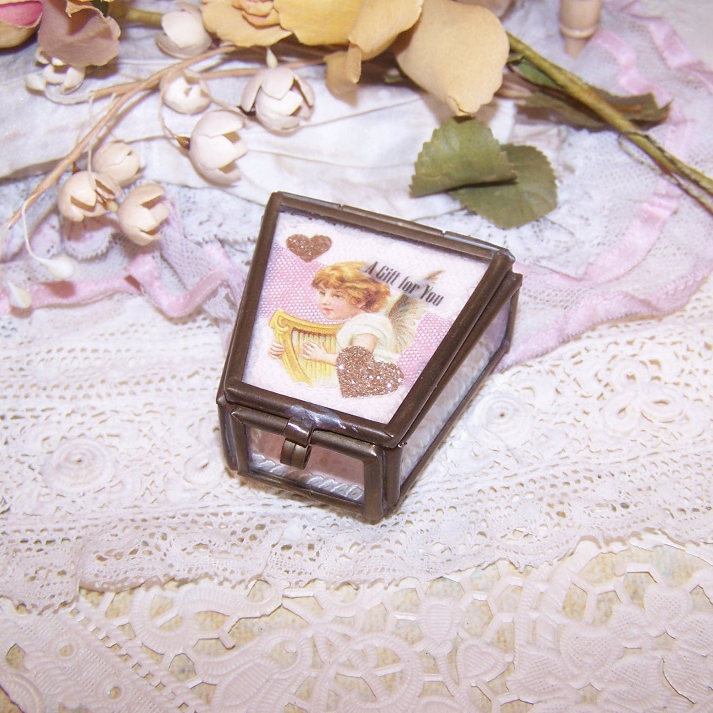 Repurposed Mixed Media Glass Trinket Box - A Gift for You