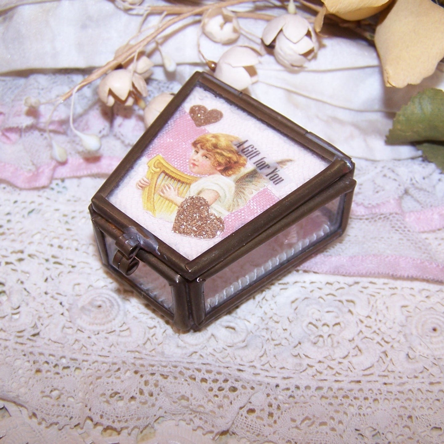 Repurposed Mixed Media Glass Trinket Box - A Gift for You