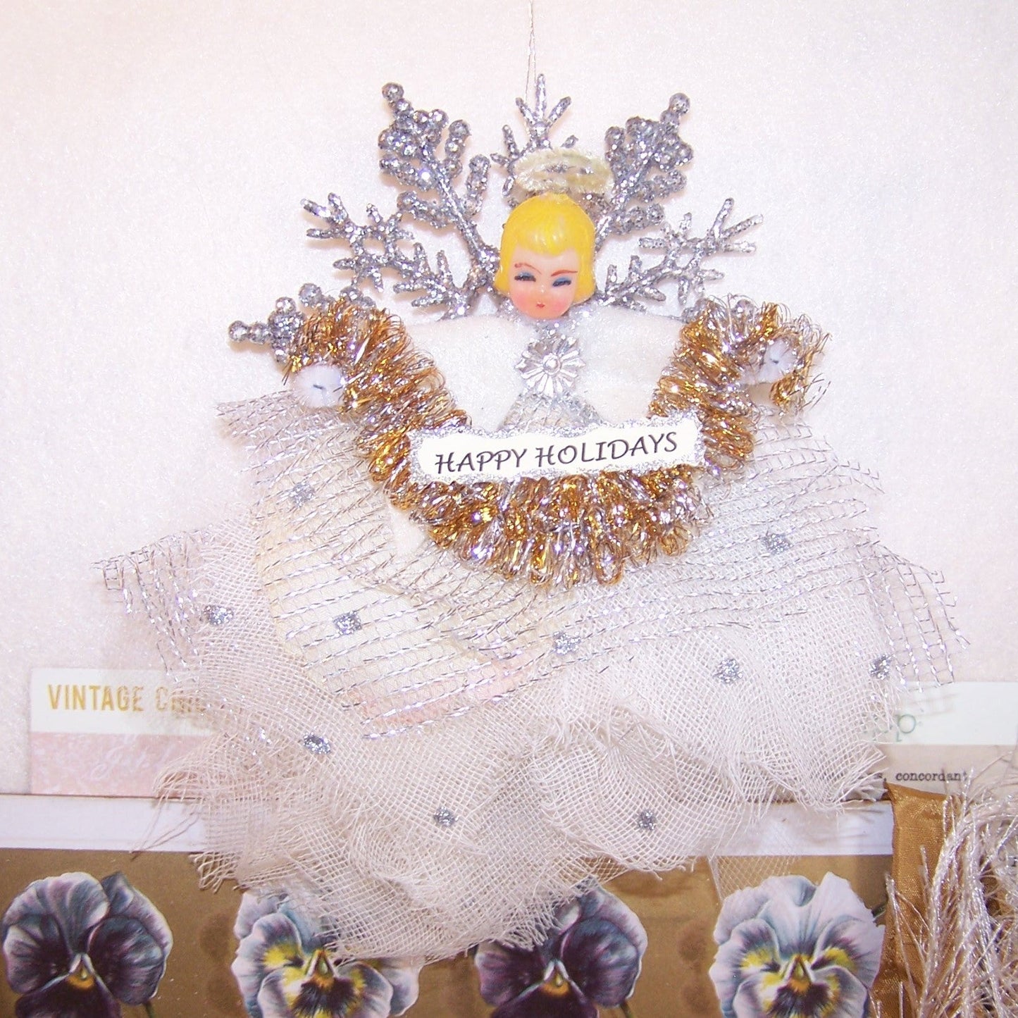 Handcrafted Mixed Media Angel Ornament - HAPPY HOLIDAYS