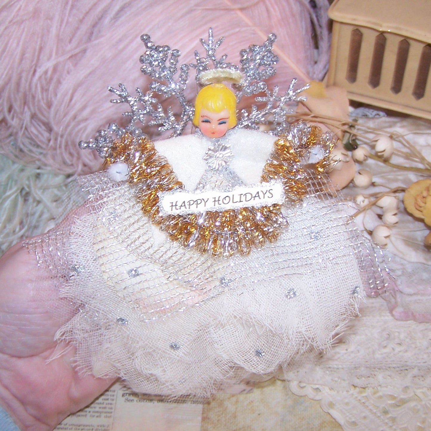 Handcrafted Mixed Media Angel Ornament - HAPPY HOLIDAYS