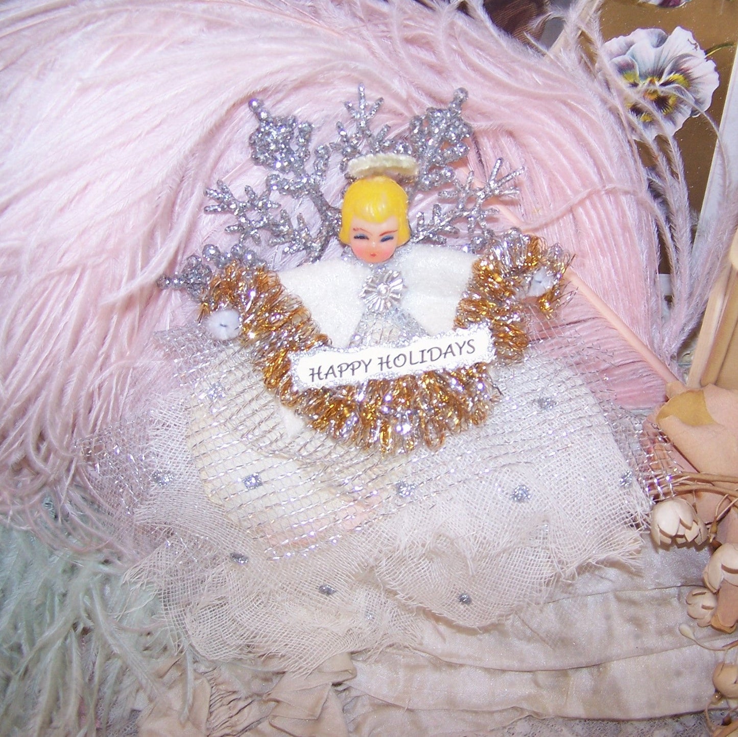 Handcrafted Mixed Media Angel Ornament - HAPPY HOLIDAYS
