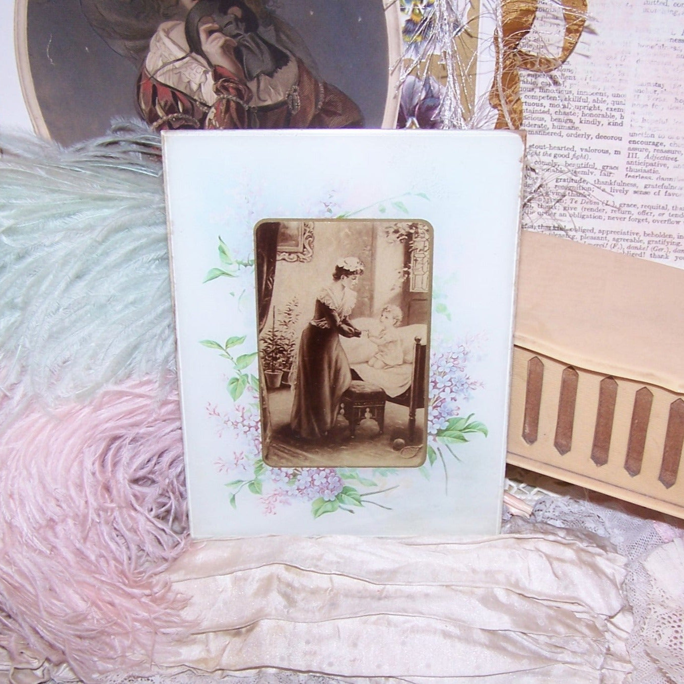 Antique Victorian Mother & Child Nursery Image under Glass Frame
