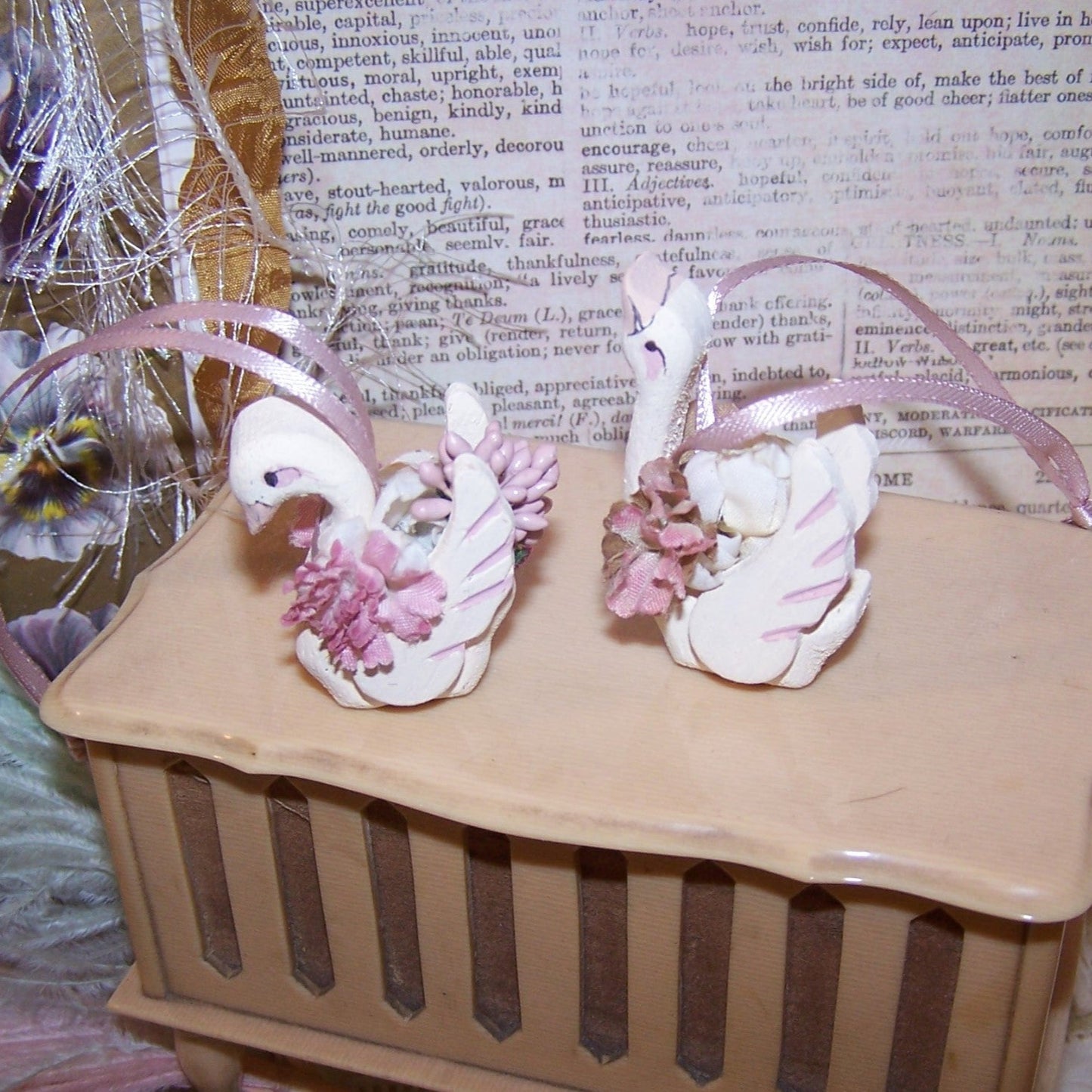 Set/2 Handpainted Wood Swan Ornaments - Bridal Shower Favors