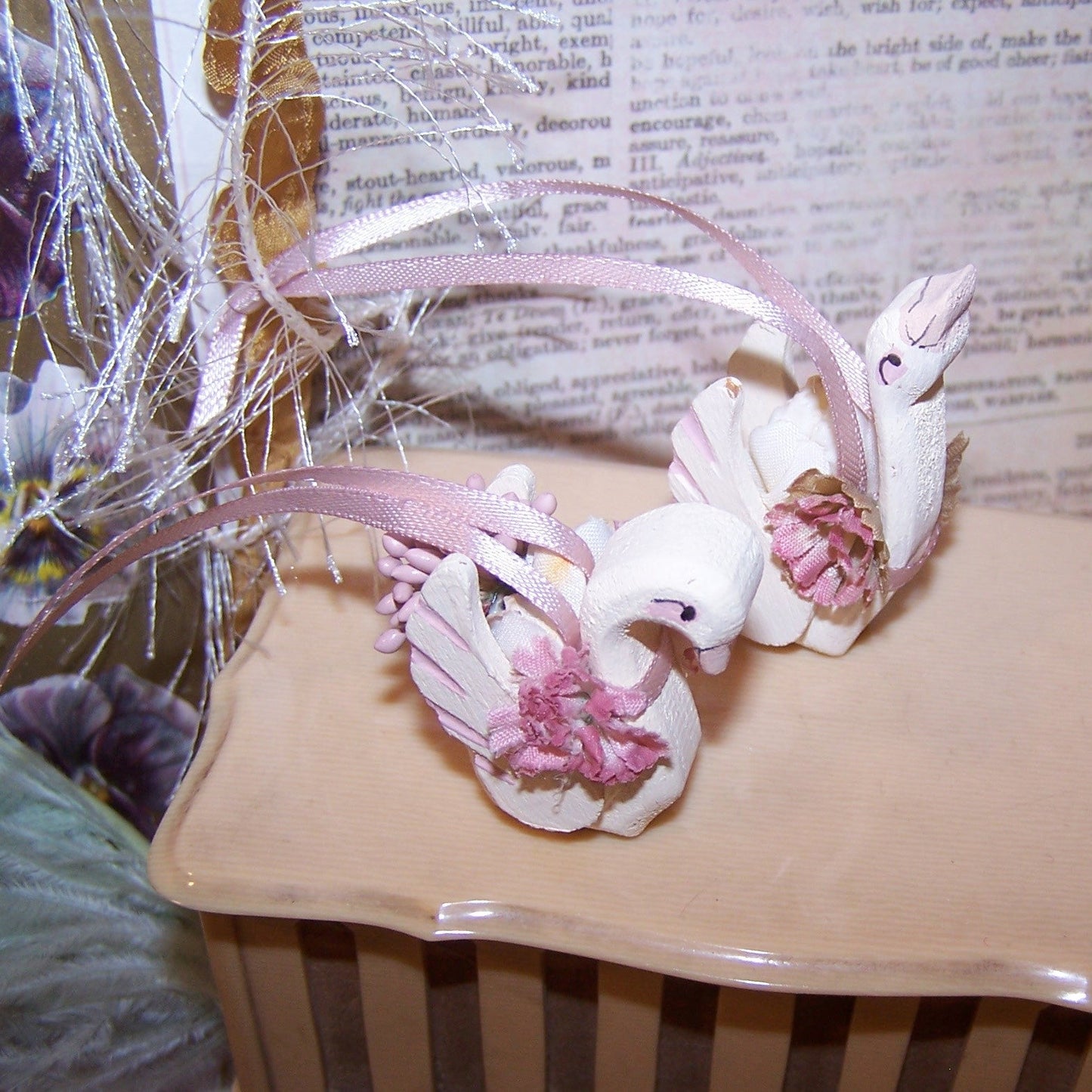 Set/2 Handpainted Wood Swan Ornaments - Bridal Shower Favors