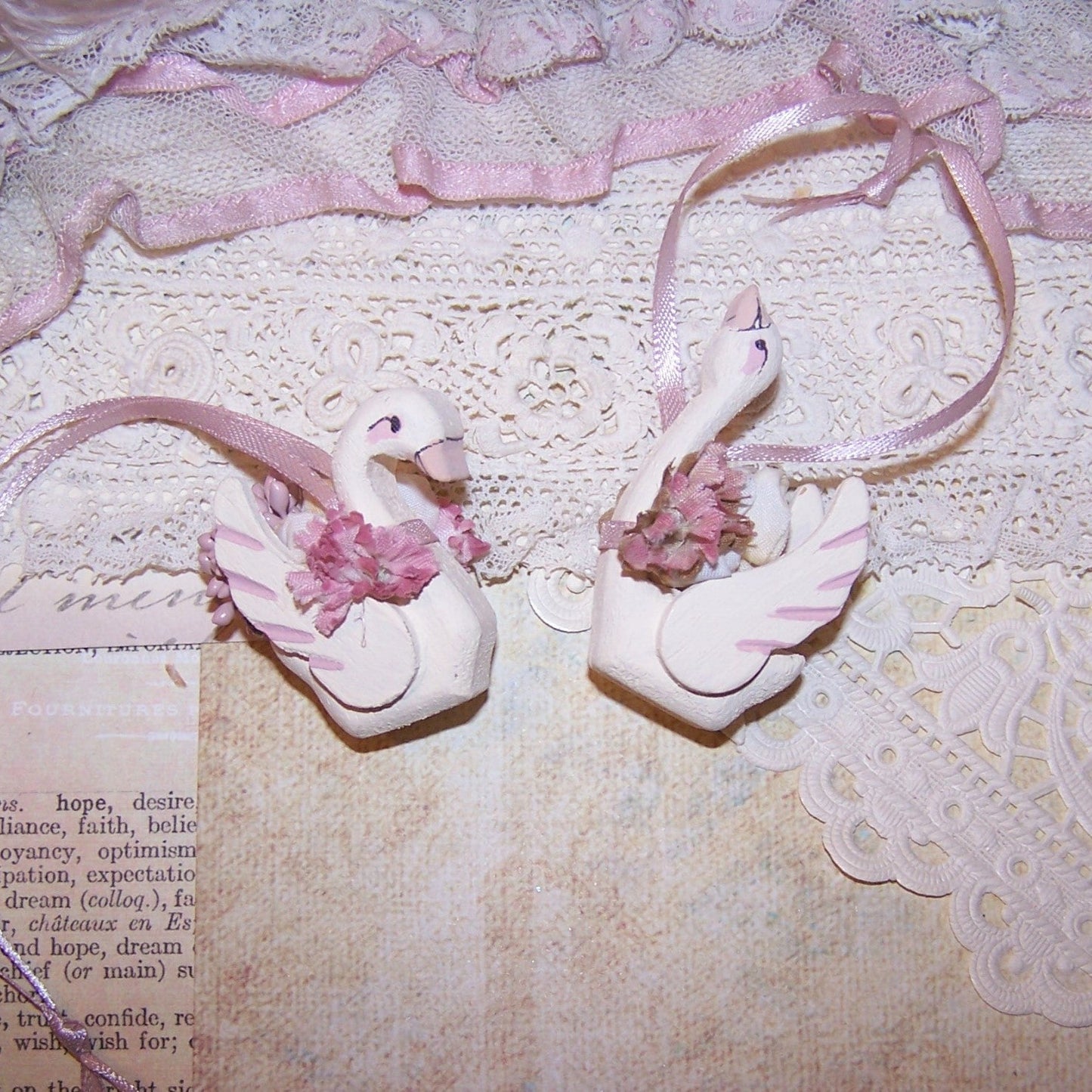 Set/2 Handpainted Wood Swan Ornaments - Bridal Shower Favors
