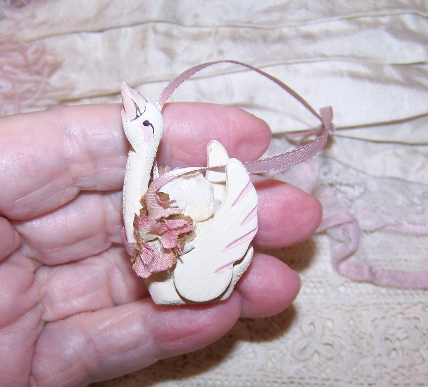Set/2 Handpainted Wood Swan Ornaments - Bridal Shower Favors