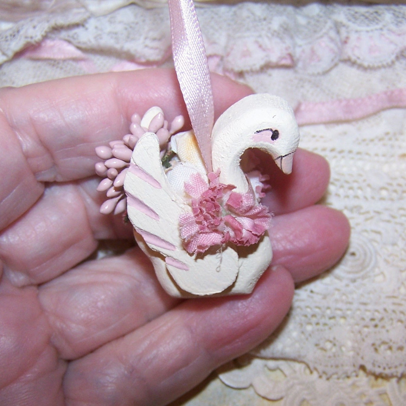 Set/2 Handpainted Wood Swan Ornaments - Bridal Shower Favors