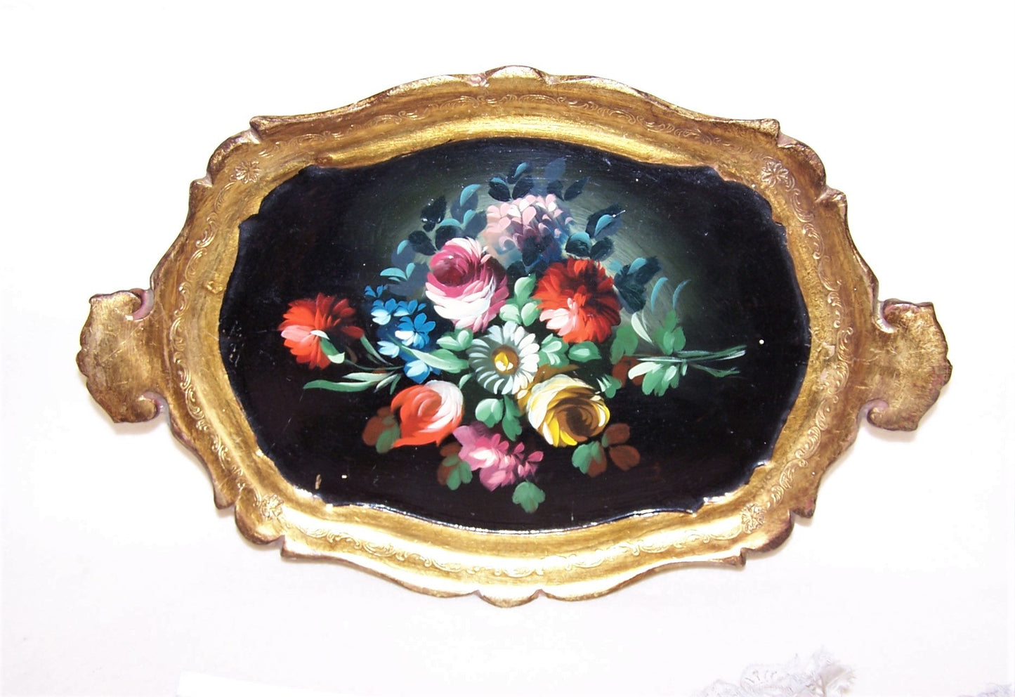Made in Italy Italian Tole Tray - Handpainted Florals on Black Background