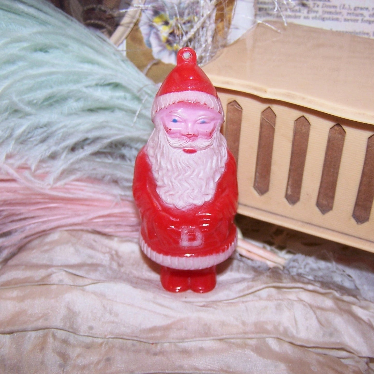 Vintage Red/White Hard Plastic Santa Claus Christmas Ornament
