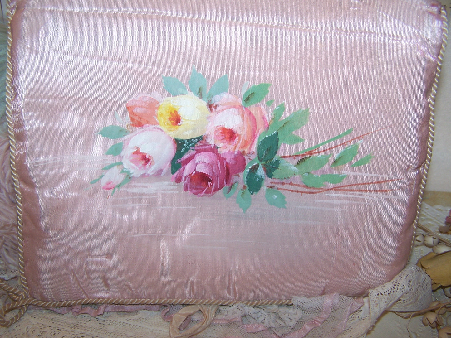 Handpainted Antique French Moire Taffeta Hanky Holder - Needs TLC