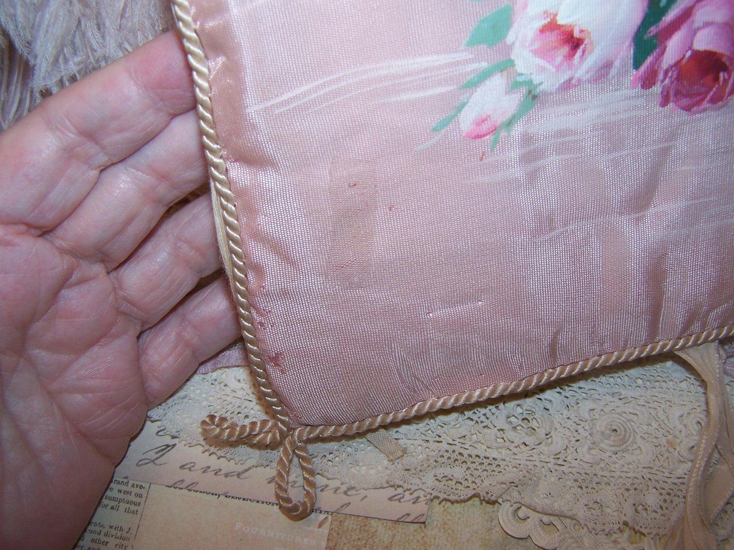 Handpainted Antique French Moire Taffeta Hanky Holder - Needs TLC
