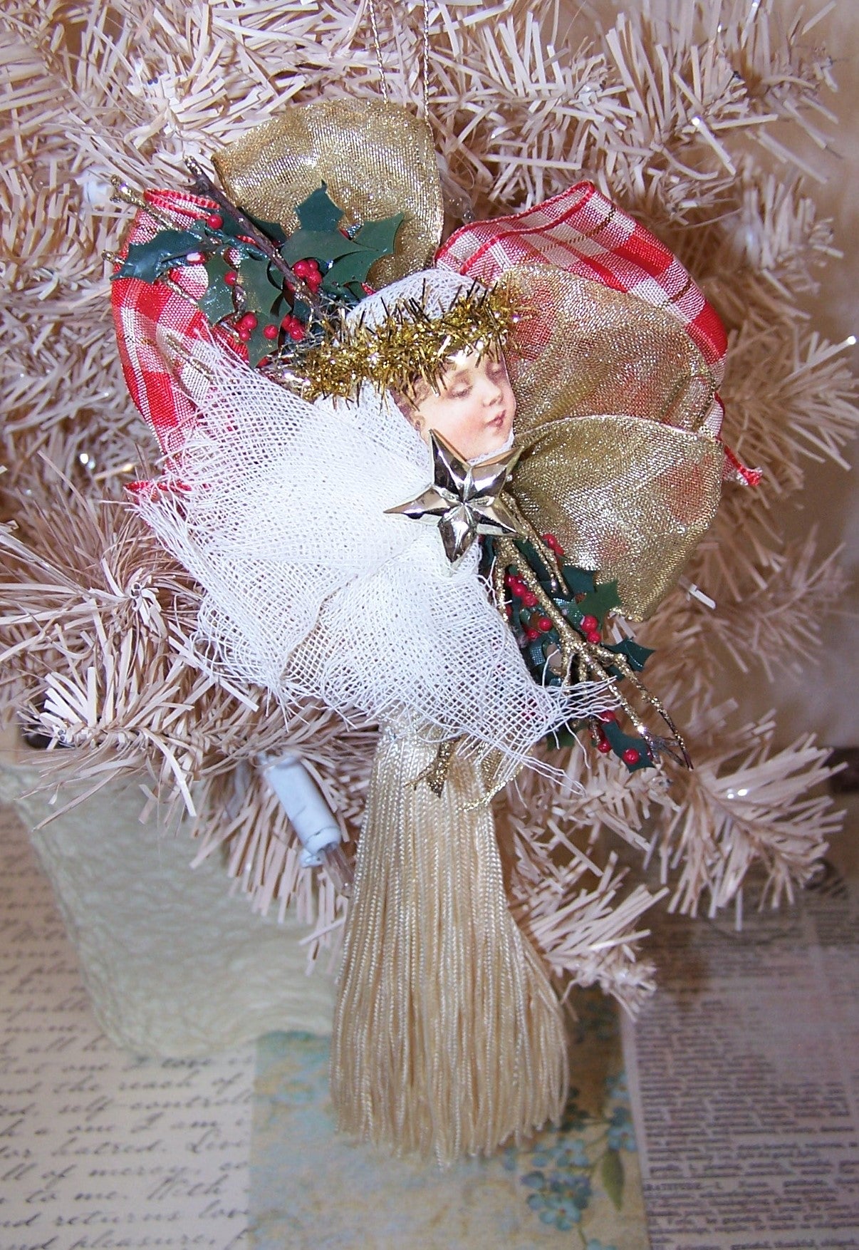 Victorian Revival Mixed Media Tassel Ornament - Red Plaid Christmas Angel