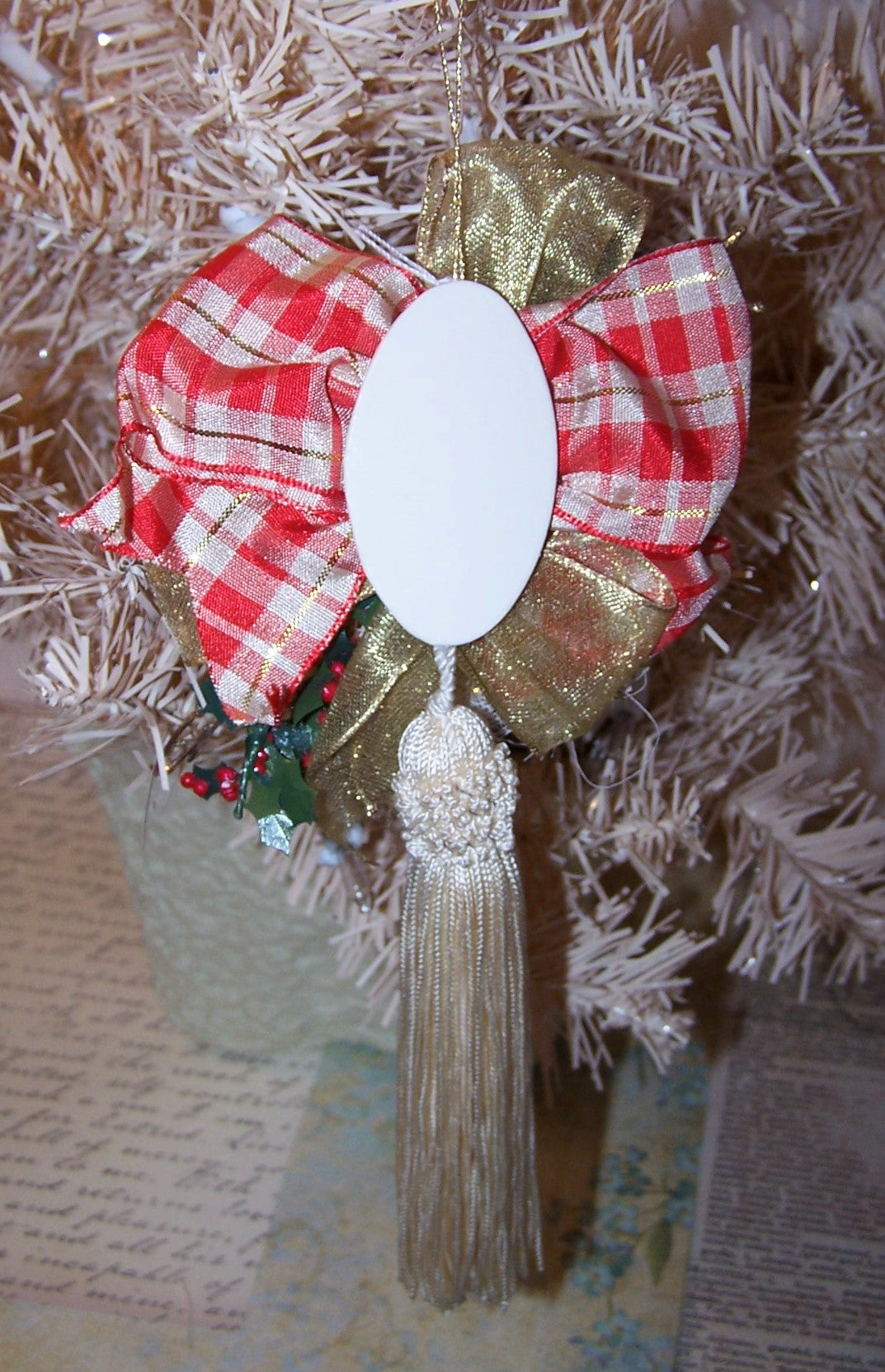 Victorian Revival Mixed Media Tassel Ornament - Red Plaid Christmas Angel