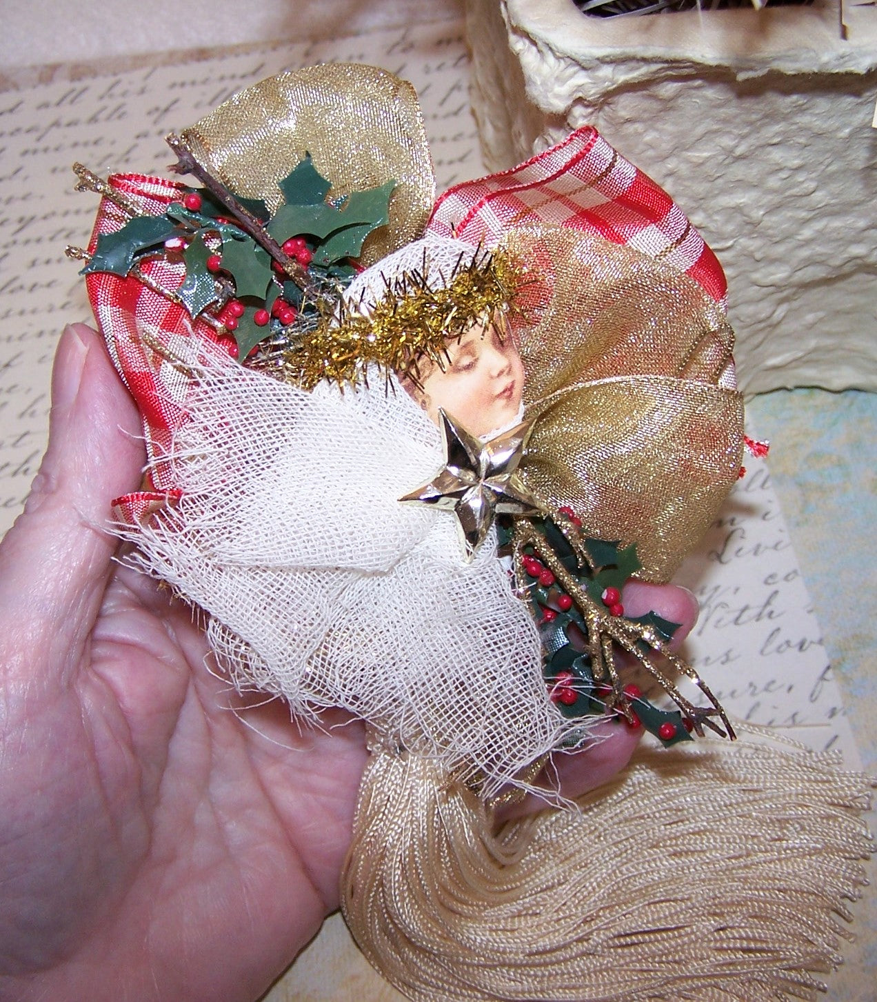 Victorian Revival Mixed Media Tassel Ornament - Red Plaid Christmas Angel