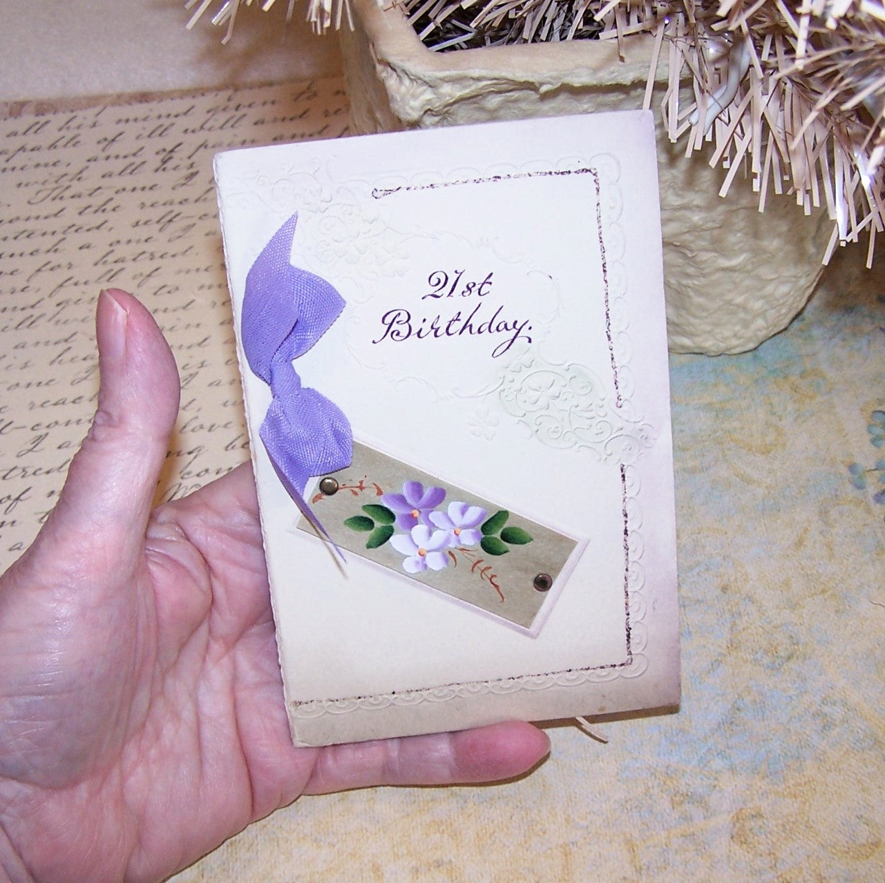 Repurposed 21st Birthday Greeting Card - Handpainted Florals