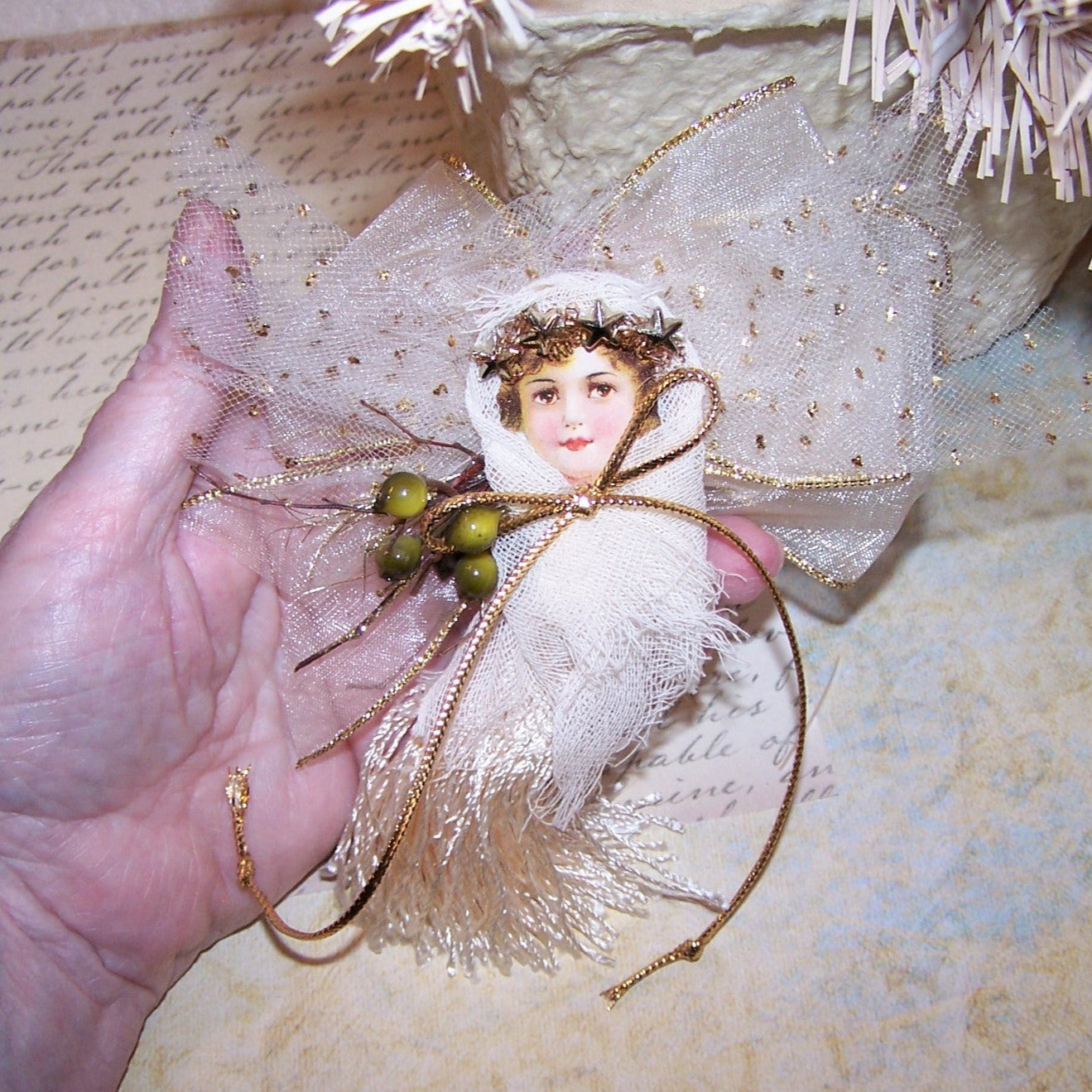 Victorian Revival Mixed Media Tassel Ornament - Gold Angel