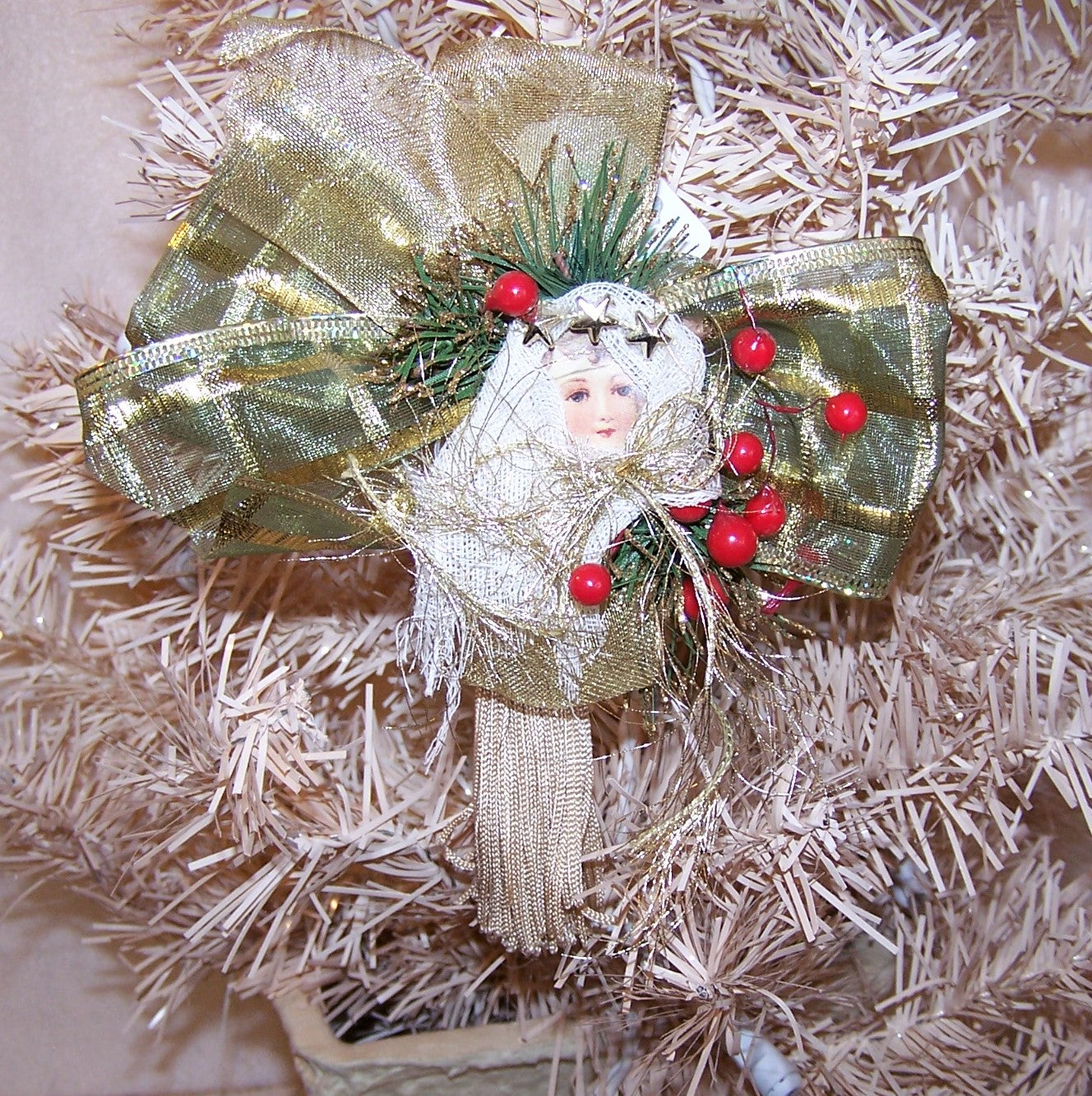 Victorian Revival Mixed Media Tassel Ornament - Olive Green Christmas Angel