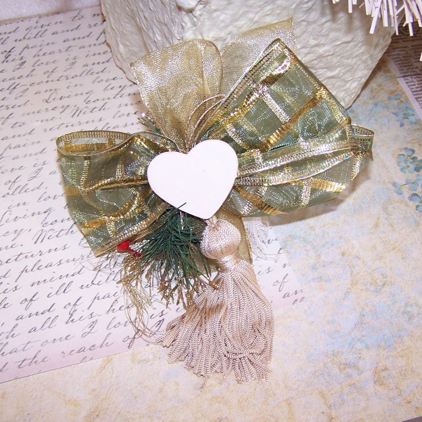 Victorian Revival Mixed Media Tassel Ornament - Olive Green Christmas Angel