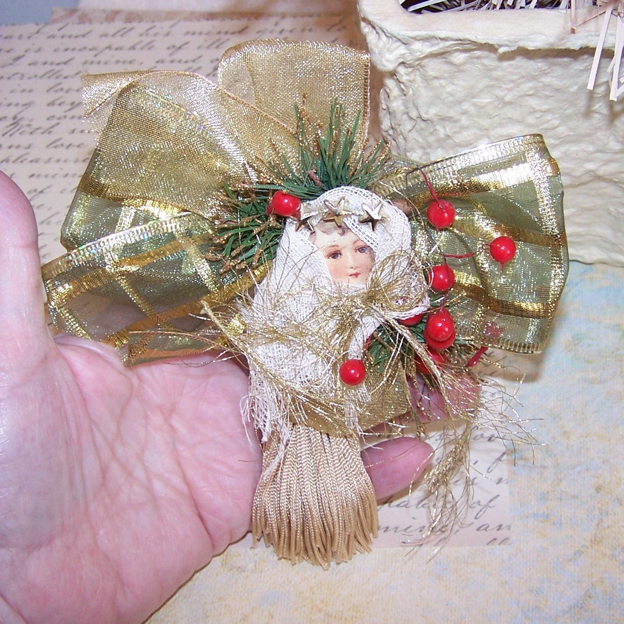 Victorian Revival Mixed Media Tassel Ornament - Olive Green Christmas Angel