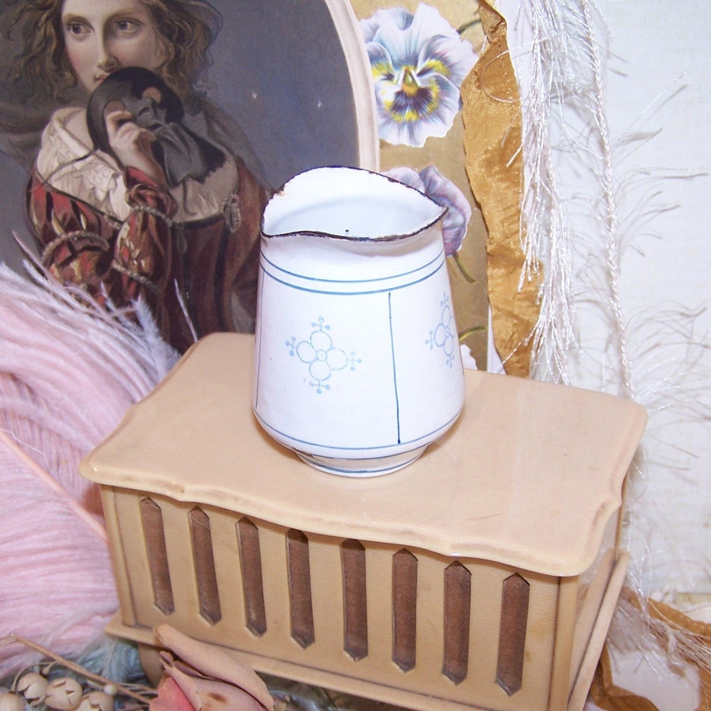 Child Sized Enamelware Water Pitcher from Tea Set - White & Blue