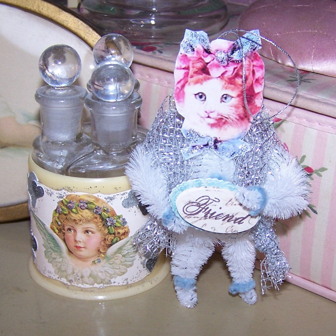 Victorian Revival Chenille Ornament - Tabby Cat Carrying FRIEND Sign