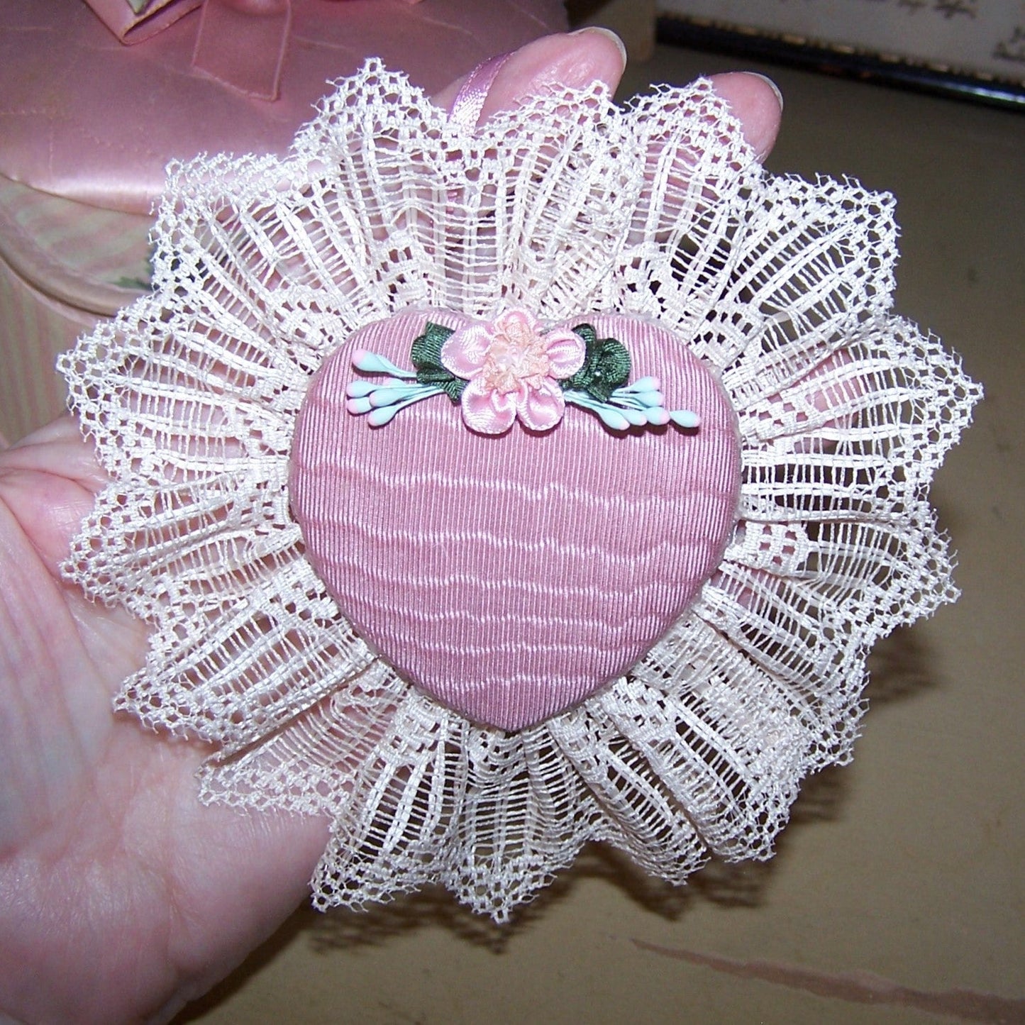 Moire Taffeta & Lace Heart Ornament - French Revival Ribbonwork Spray