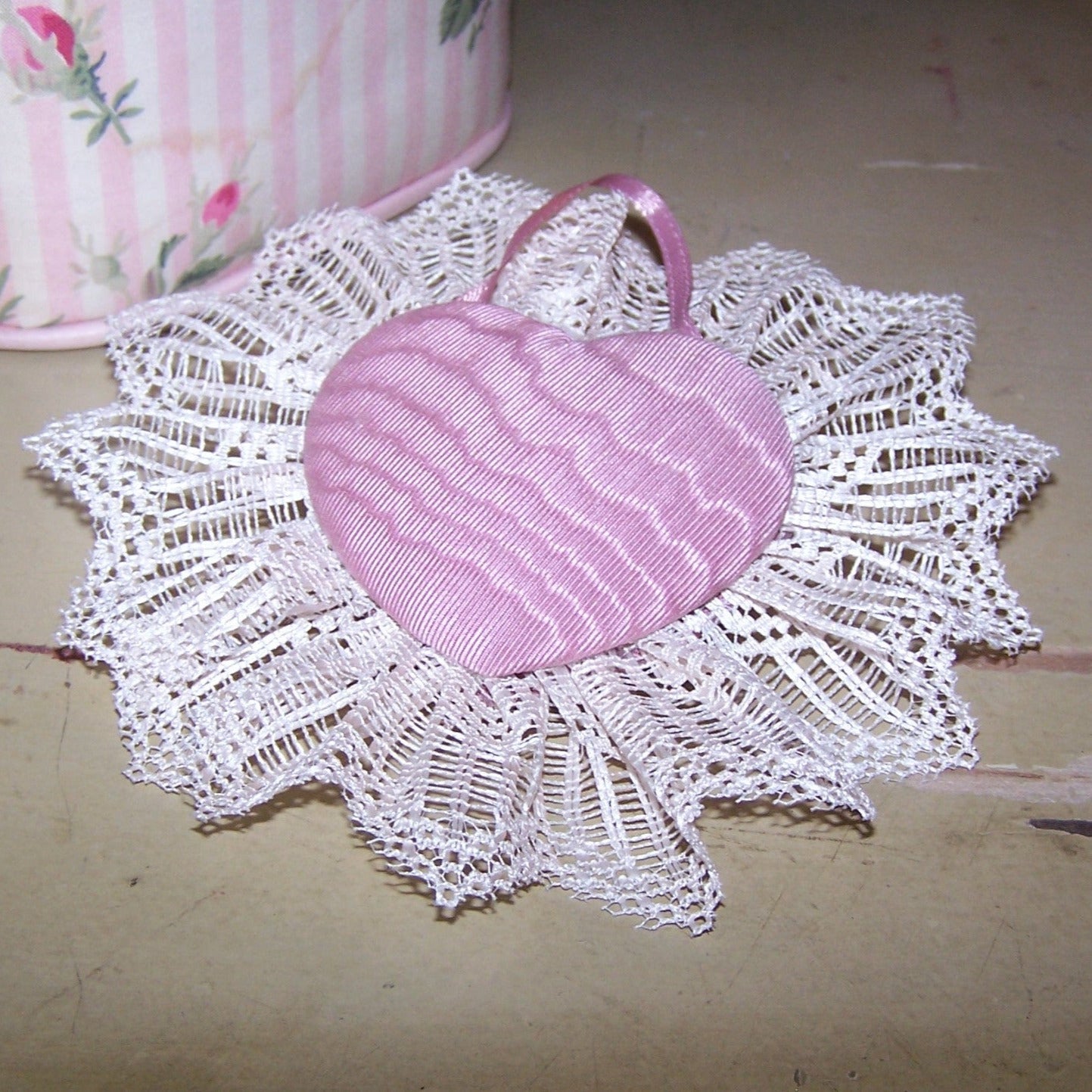 Moire Taffeta & Lace Heart Ornament - French Revival Ribbonwork Spray