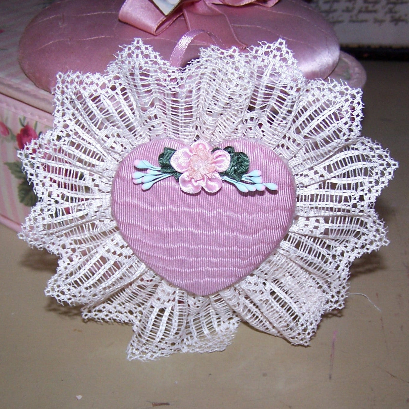 Moire Taffeta & Lace Heart Ornament - French Revival Ribbonwork Spray