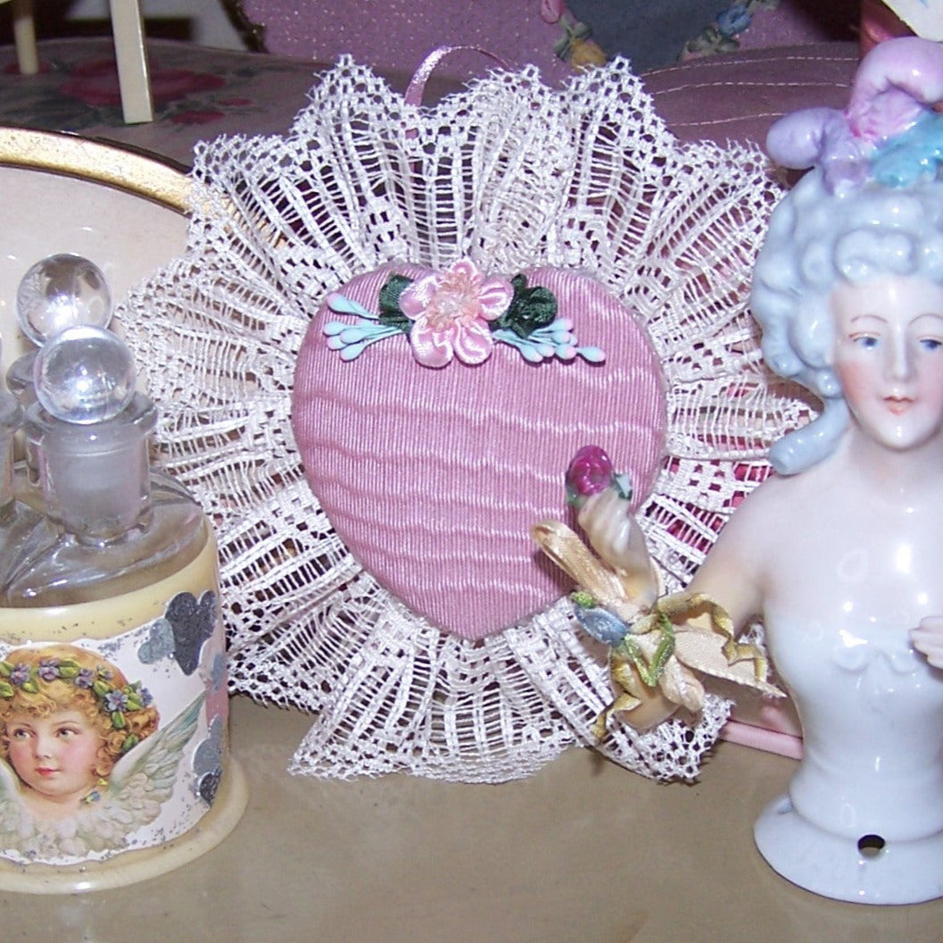 Moire Taffeta & Lace Heart Ornament - French Revival Ribbonwork Spray