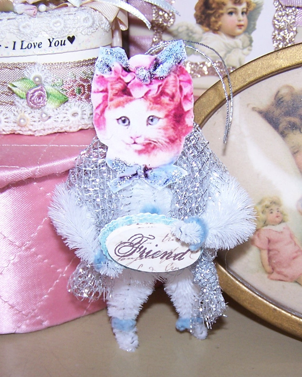 Victorian Revival Chenille Ornament - Tabby Cat Carrying FRIEND Sign