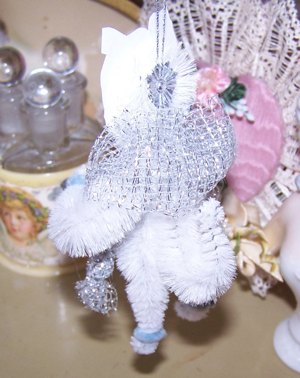 Victorian Revival Chenille Ornament - Tabby Cat Carrying FRIEND Sign