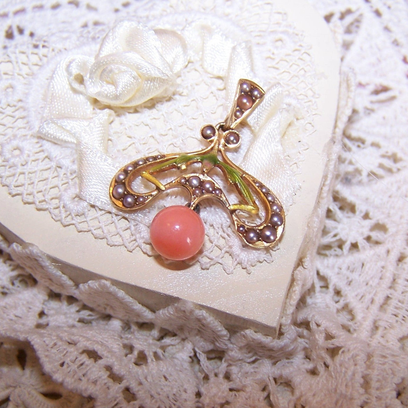 KREMENTZ Art Nouveau 14K Gold Enamel Pearl and Coral Pendant Lavaliere