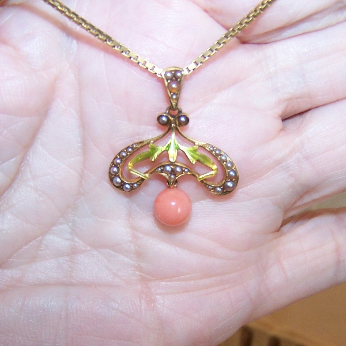 KREMENTZ Art Nouveau 14K Gold Enamel Pearl and Coral Pendant Lavaliere