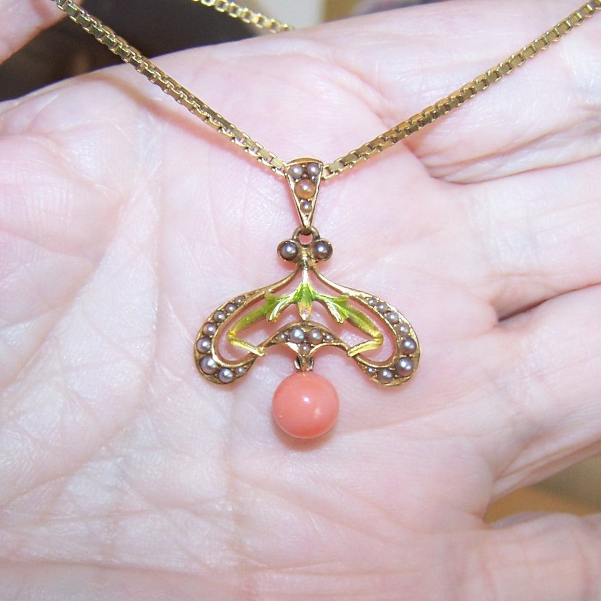KREMENTZ Art Nouveau 14K Gold Enamel Pearl and Coral Pendant Lavaliere