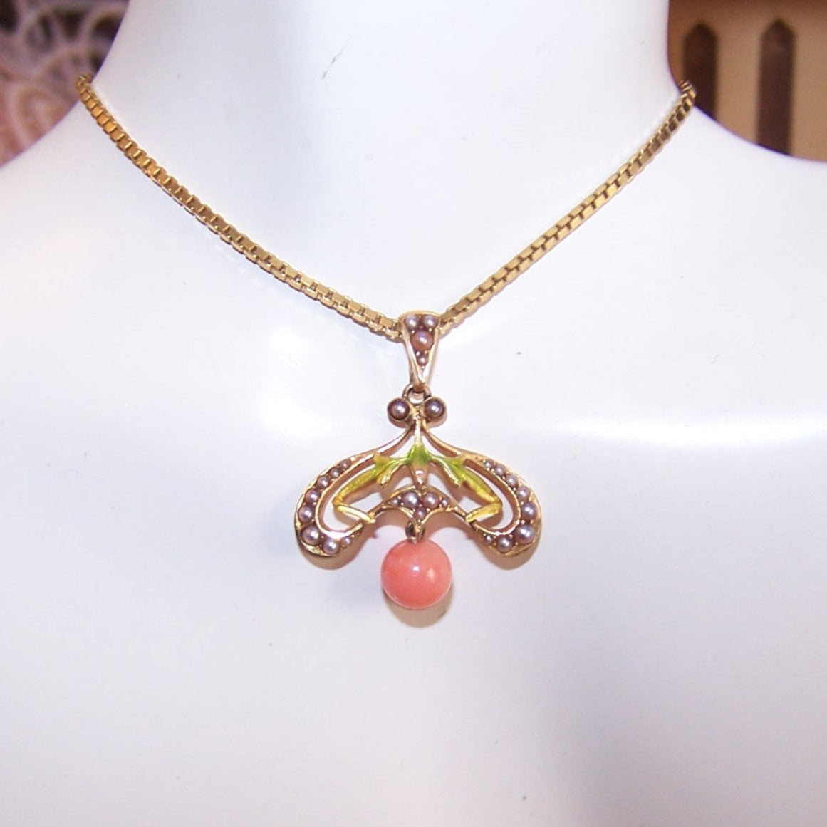 KREMENTZ Art Nouveau 14K Gold Enamel Pearl and Coral Pendant Lavaliere