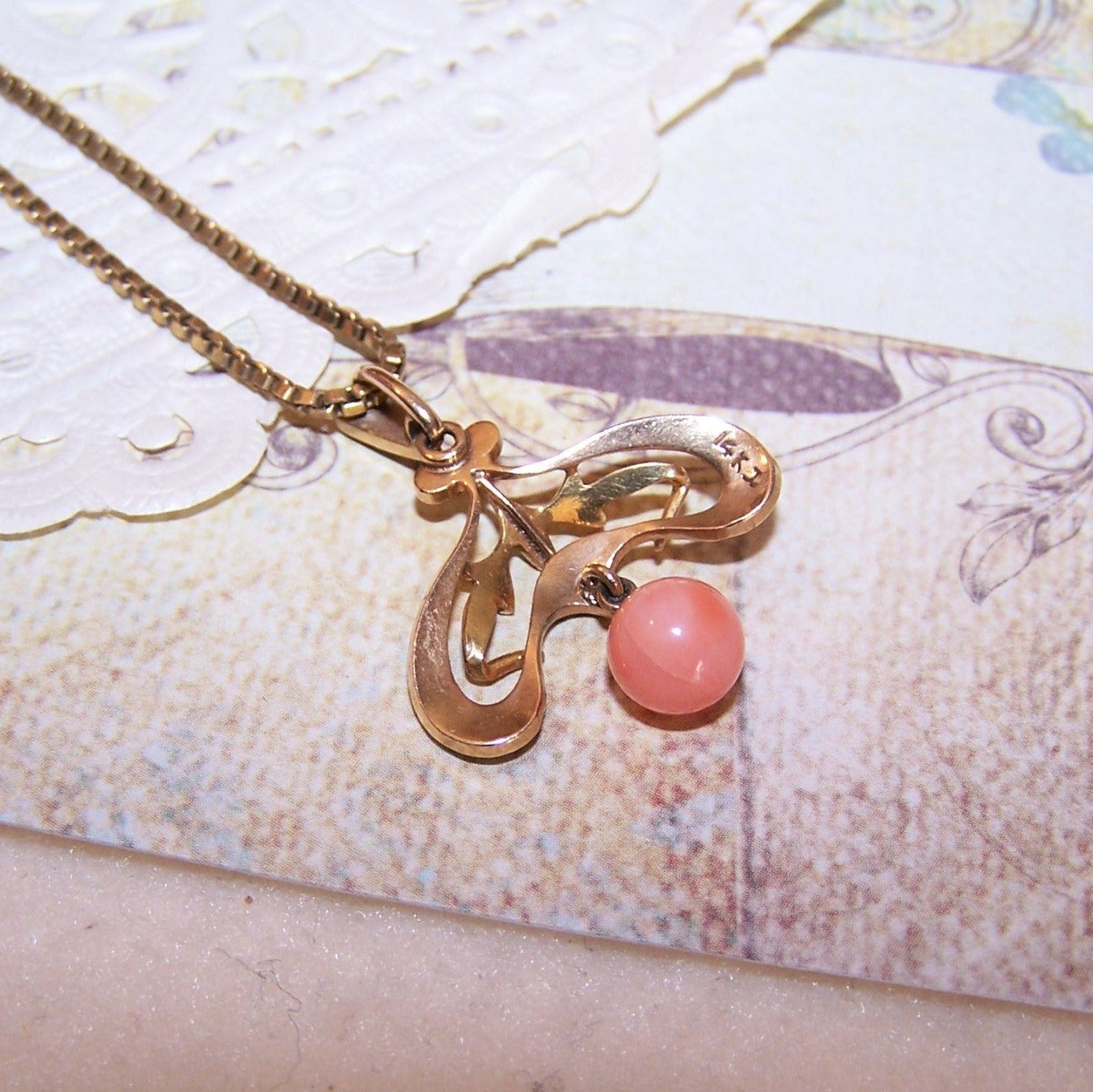 KREMENTZ Art Nouveau 14K Gold Enamel Pearl and Coral Pendant Lavaliere