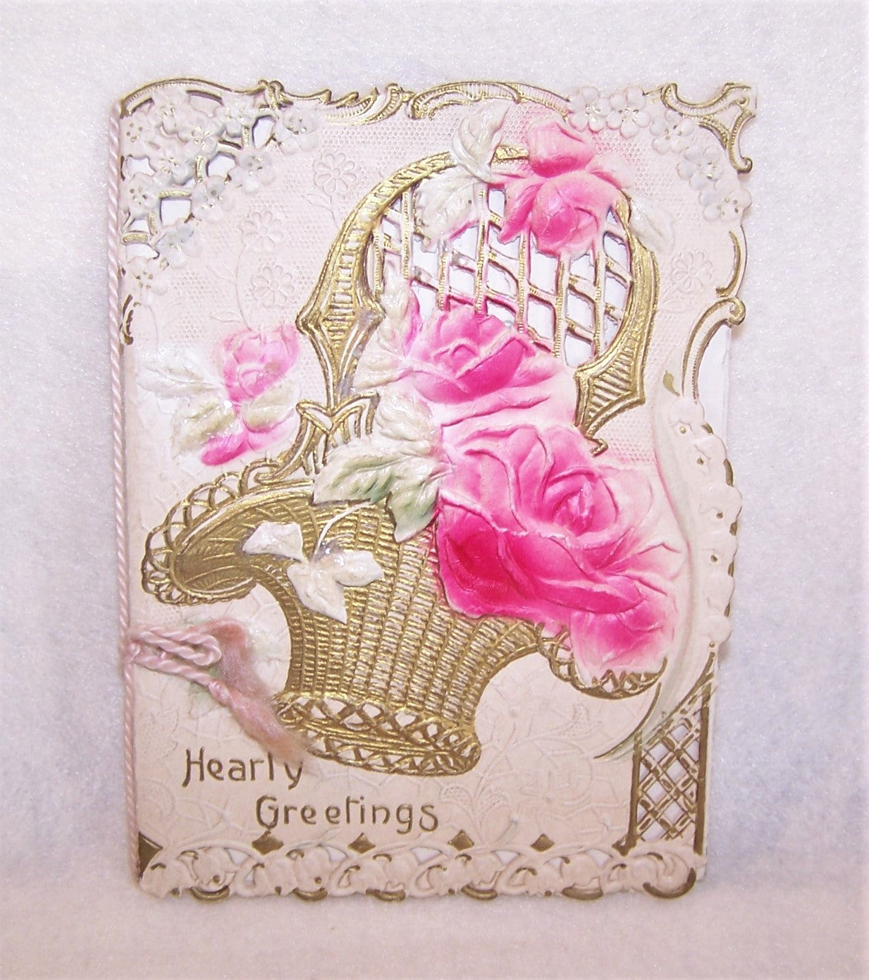 Antique Victorian Embossed Greeting Card - Hearty Greetings